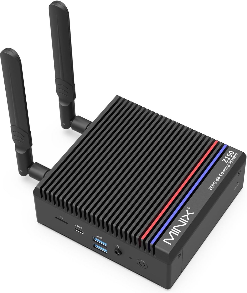 MINIX Z150-0dB Ventilatorloze Mini PC, Intel N150 (geüpgraded versie van de N100), 16GB DDR4/512GB PCIe Gen3x4 SSD/4K Dubbele Weergave/2,5G LAN/USB-C/Windows 11 Pro/Auto-start, Thuiswerkplek