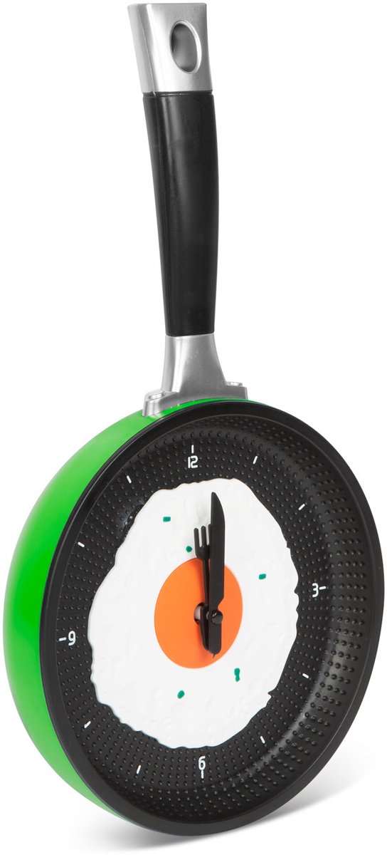 Keuken Wandklok als Koekenpan - Gebakken Ei Design met Vork & Mes - Groen 1 Stuks [W1060C]