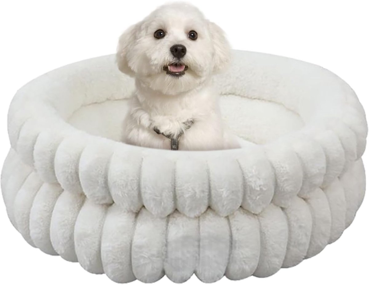 Rundes Hundebett - Donut-Kissen - Weicher Flanell + Baumwolle, Rutschfest & Waschbar - 1 - Innen- Und Außenbereich, Wit