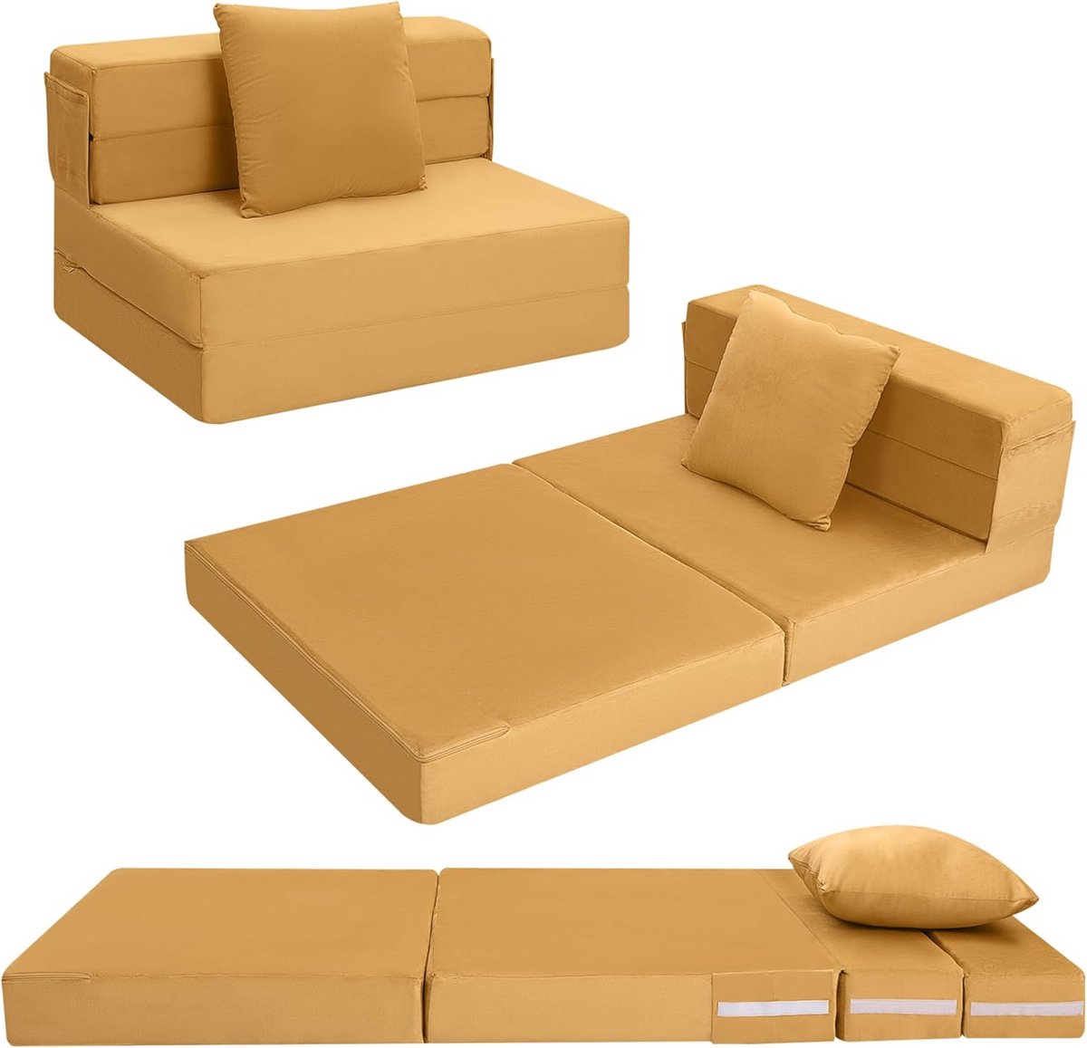 Opvouwbaar Gastenmatras 4-Delig - Comfortabel Schuim - Vloermatras als Logeerbed of Fauteuil - 75x195 cm Geel