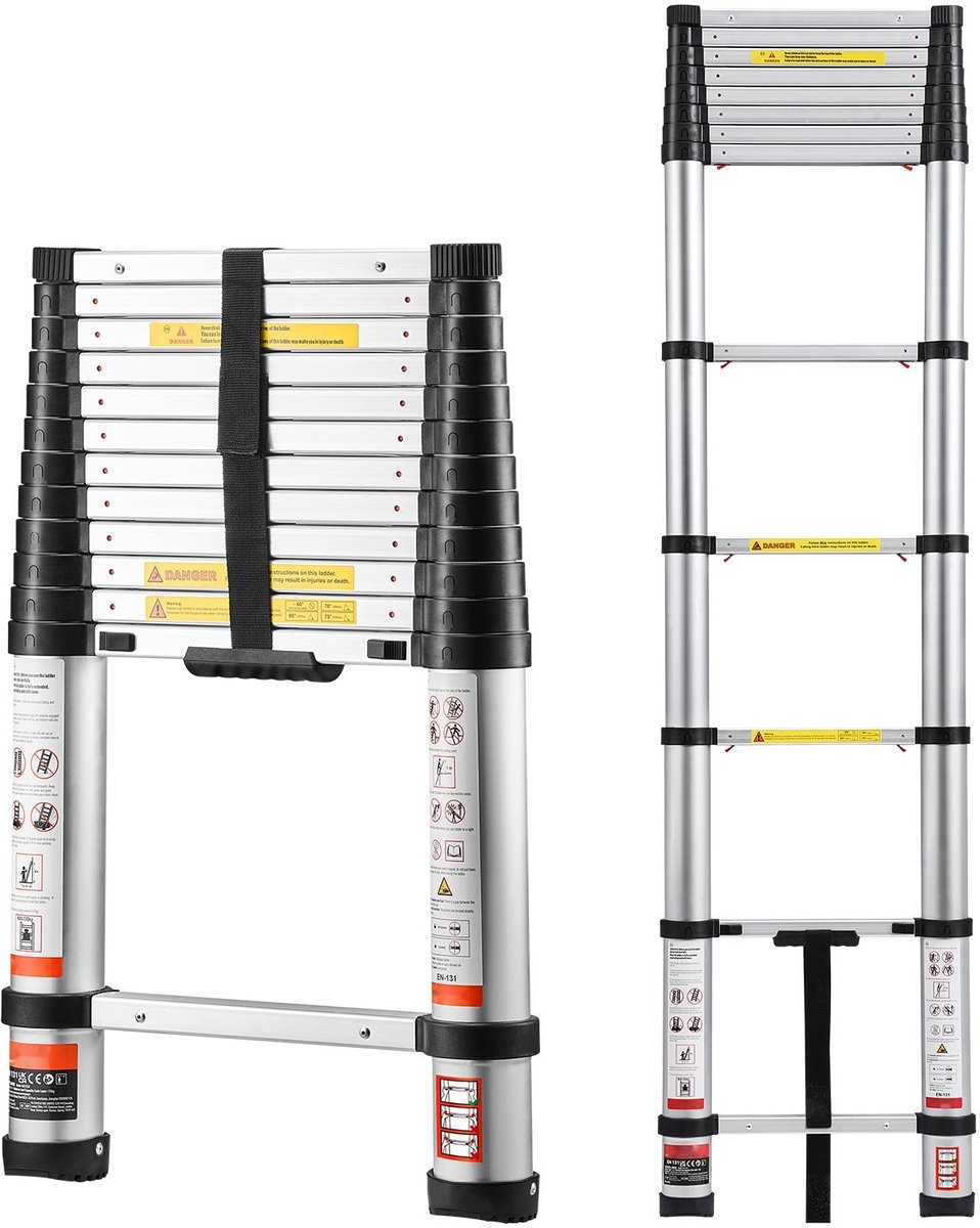 Telescopische Ladder - Uitschuifbare Aluminium Ladder - Max. Lengte 3,74 m - Opvouwbaar - Eénhandig Uitschuiven - Draagvermogen 150 kg - Voor Binnen & Buiten
