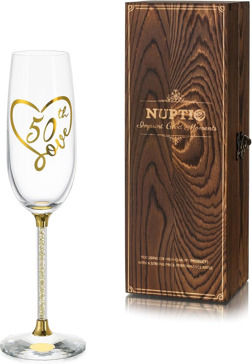 Elegante Champagneglazen Set met Gravering en Houten Geschenkdoos