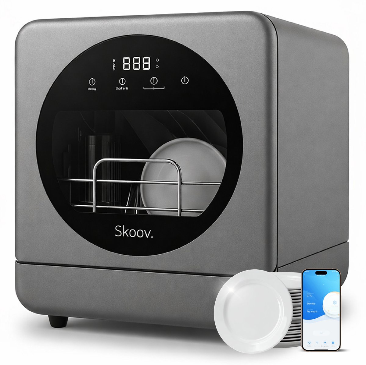 Skoov Mini Vaatwasser met waterreservoir - 3 couverts - 6 wasprogramma's - 45cm - Kleine smalle vrijstaande afwasmachine - Camping - Grijs