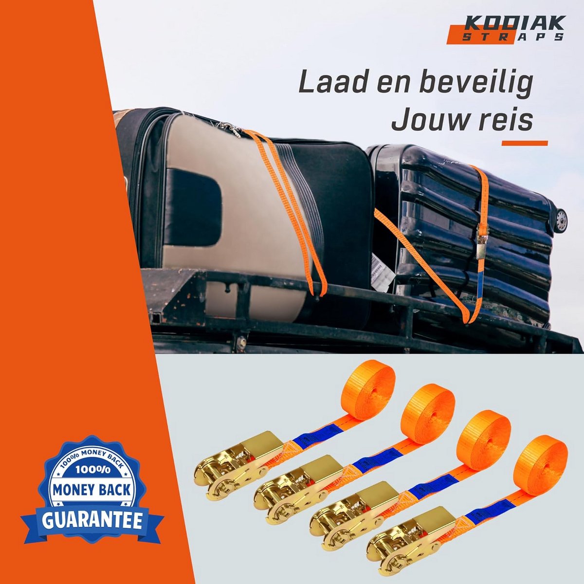 4 Stuks Ratelbanden 6m x 1000kg Spanbanden met Ratelsluiting voor Bagage en Transport