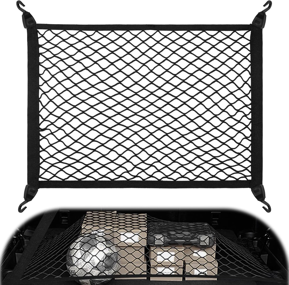 Famanu – Universeel elastisch kofferbaknet – 80 x 60 cm – Uitschuifbaar tot 160 x 120 cm – Met 4 haken