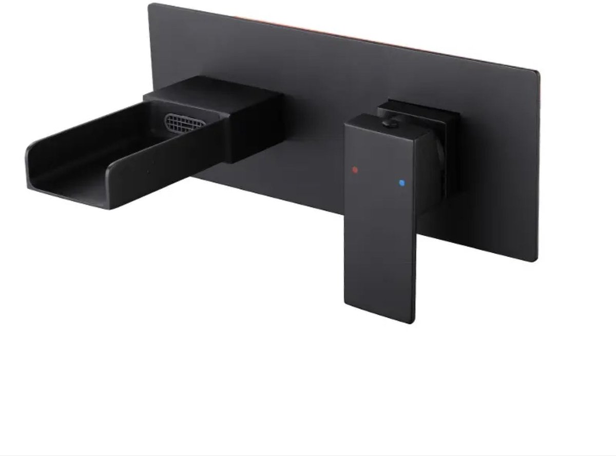 Hudor wastafelkraan zwart messing - wandmontage tweegats mengkraan - fonteinkraan wastafelmengkraan collectie Alphée - strak design badkamer