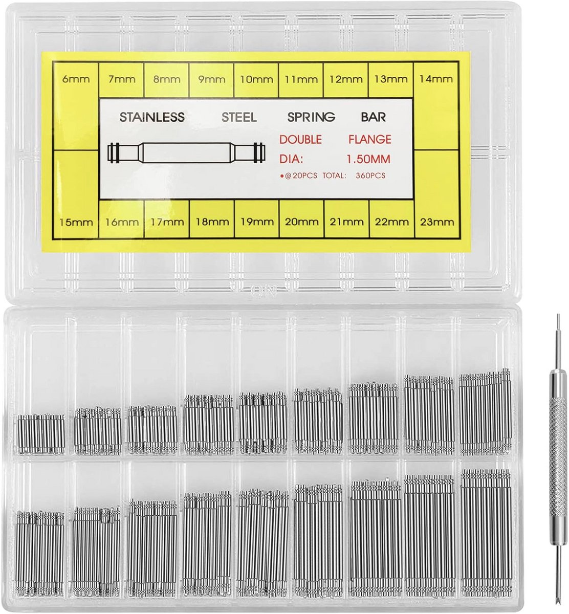 360-delige premium roestvrijstalen veerstangen set voor horloge reparatie - 18 verschillende maten