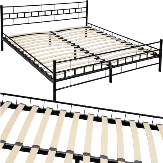 tectake® Metalen Bedframe met Lattenbodem - 180 x 200 cm - Een- of tweepersoonsbed van metaal - Twijfelaar - Bedframe voor slaapkamer en logeerkamer - Zwart - Verschillende kleuren en maten