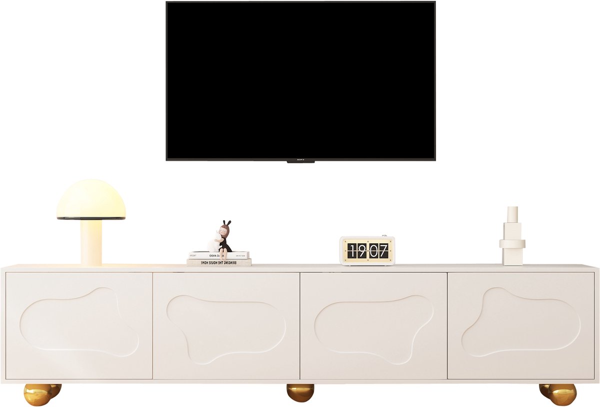 MODFU TV-meubel 180 x 40 x 45 cm van spanplaat, wit, wolkenvorm, 4 deuren, 5 poten, draagkracht 60 kg