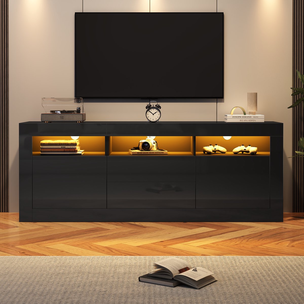 MODFU TV Meubel – 160x35x60 cm – Met LED-verlichting & app-bediening – Open vakken, 2 laden & 2 deuren – Modern televisiekast voor woonkamer – Spaanplaat – Hoogglans Zwart