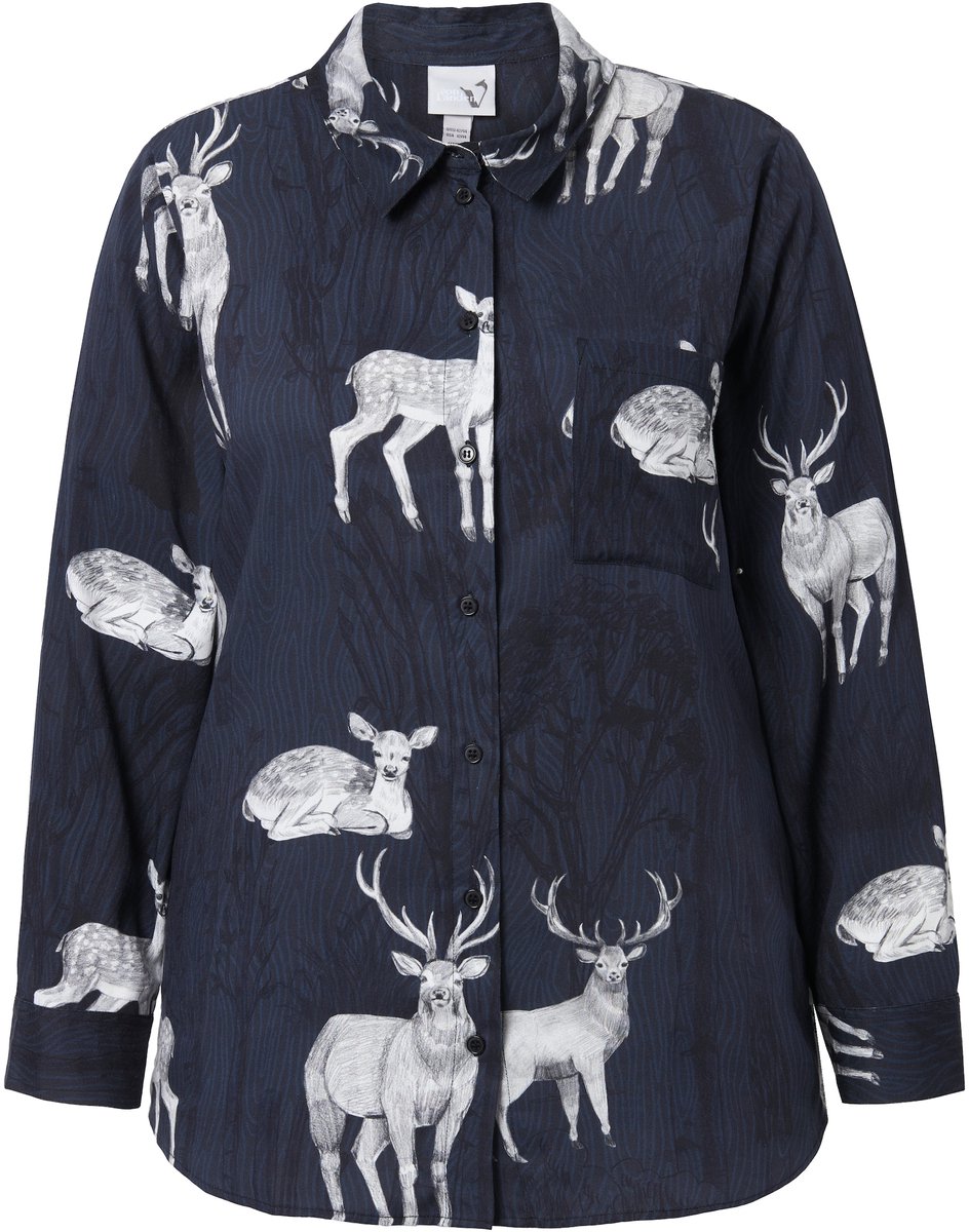 Ulla Popken - Dames - Overhemdblouse landhuisprint overhemdkraag lange mouwen - Klassiek marine - Maat 58+