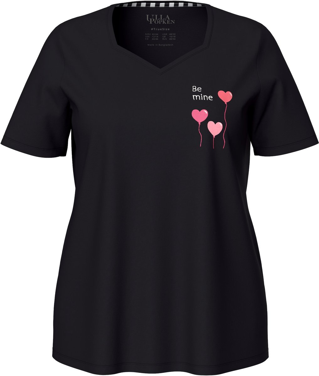 Ulla Popken - Dames - Pyjamashirt harten korte mouwen - Zwart - Maat 46+