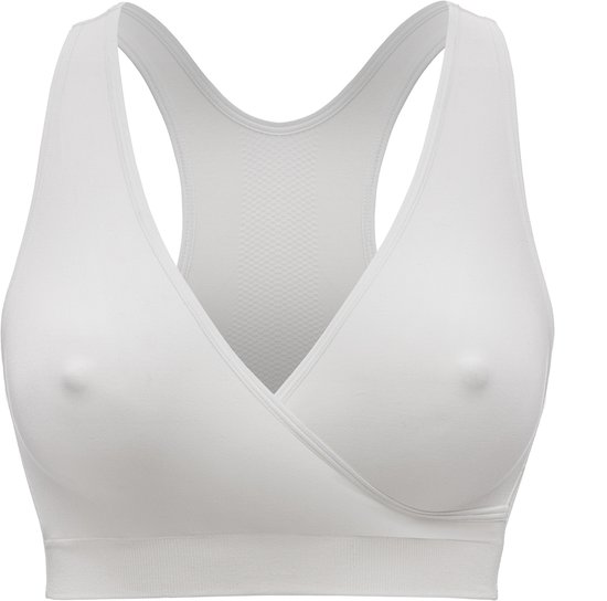 Witte naadloze voedingsbeha met gekruiste cups, racerback en verstevigde band.