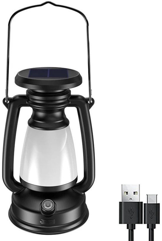 Lampe de camping Solar rétro AnyPrice® – Lampe de secours/lampe tempête LED puissante – Rechargeable USB-C – Lampe Plein air portable pour le Camping, les pannes de courant et le Jardin – Zwart