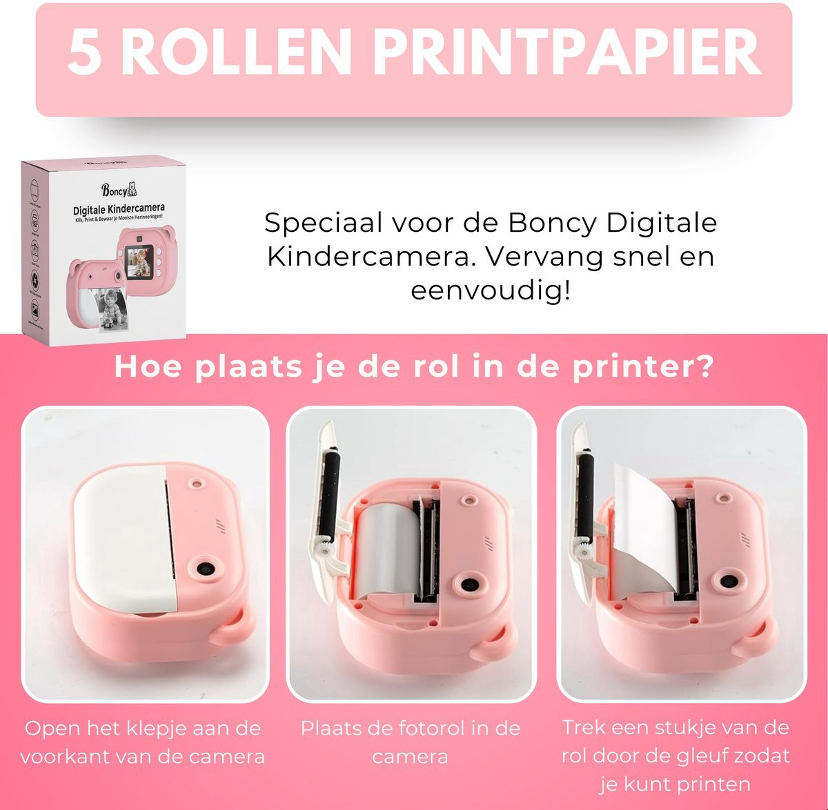 Boncy® 5-pack Rollen Printerrollen voor Digitale Kindercamera met Foto Printer - Instant Print Kinder Camera - Fototoestel voor Kinderen Jongens & Meisjes - Digitaal Kindercamera's Speelgoed - Fotoprinter Speelgoedcamera Pocket Roze – foto 2