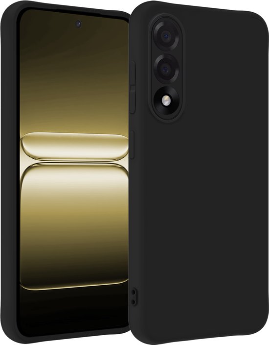 Zwarte telefoonhoes en een smartphone met gouden achtergrond, vanaf de zijkant gezien.