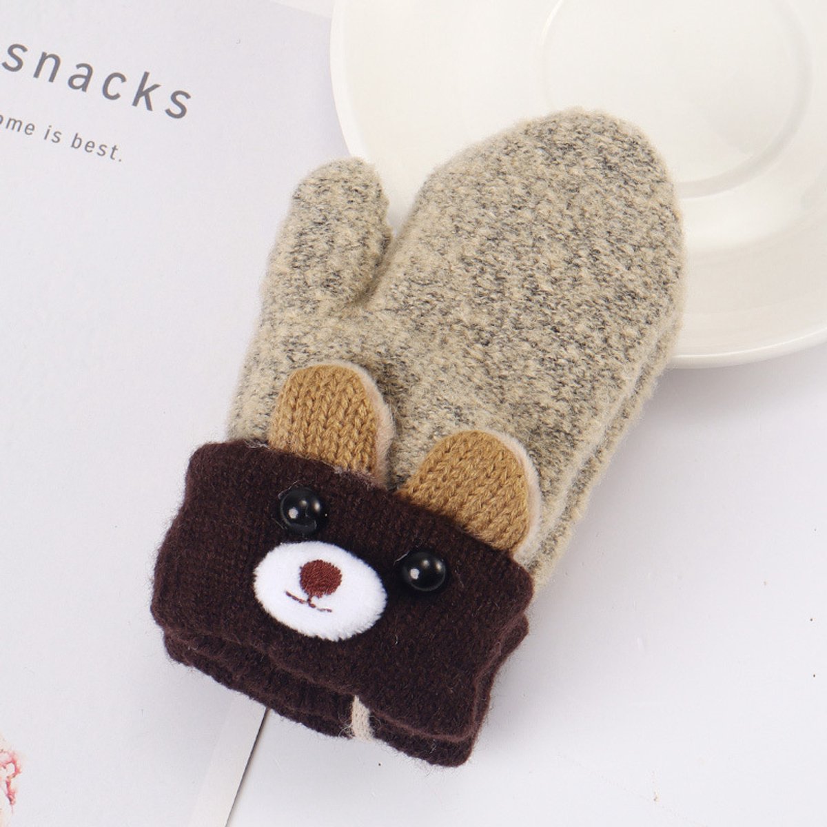 Kinderwinterhandschoenen Wanten Baby Cartoon Mitten Nekhandschoenen Dikke dubbel gebreide handschoen met pluche, 0 - 3 jaar oud, spelen, hardlopen, skiën,kaki