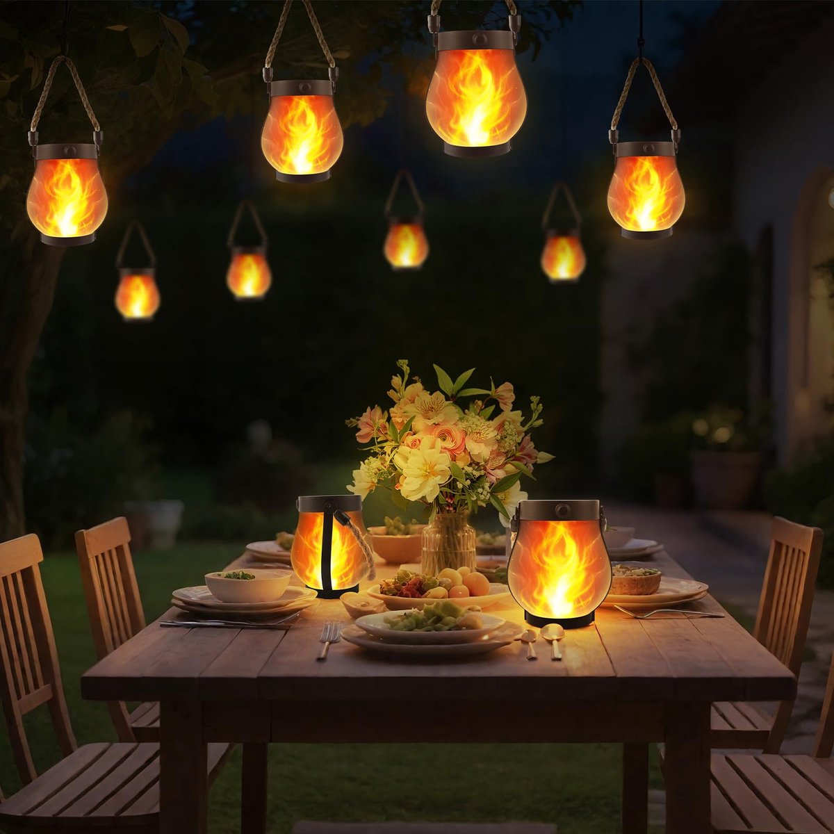 Ynkkvre - 2-delige Solar Lantaarn Buitenverlichting - 12×13cm - Dancing Flame Solar Lantaarn Buitenverlichting - Hennep Touw Vlam Lantaarns - Geschikt voor Camping, Terrassen, Tuinen, Patio's, Veranda's, Tuindecoraties - Zwart
