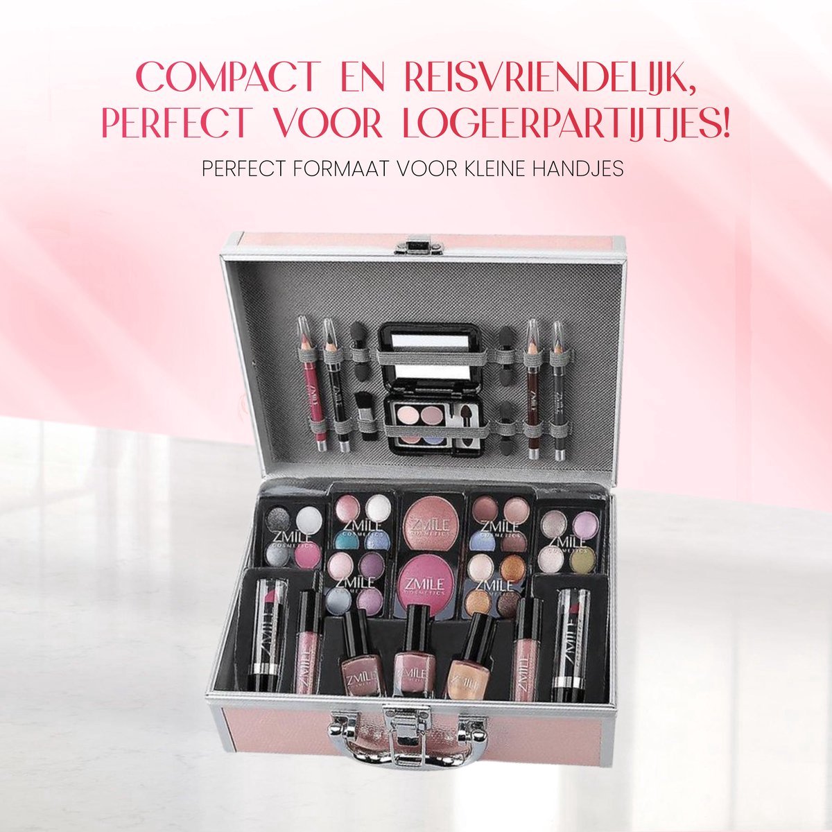Roze Make Up Koffer Meisjes Met Inhoud 41-Delig - Set Inclusief Premium Roze Kwasten & Reis Etui - Make Up Koffer Kinderen - Make Up Koffer Gevuld - Cosmetica Koffer - Roze Beautycase Meisjes — cadeau in Verzorging - foto 6