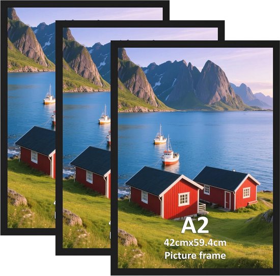 A2 Poster Frame, 16,5x23,4 zwarte dunne aluminium fotolijsten met gepolijst plexiglas, gemakkelijk op te hangen, afbeelding A2 zonder mat of A3 met mat voor wandmontage horizontaal en verticaal