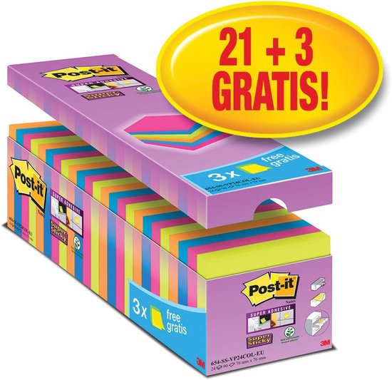 Post-it Super Sticky Notes in de maten 76x76 mm, met 21 blokken en 3 gratis. Verkrijgbaar in neon oranje, groen, fuchsia en mediterraan blauw. Verpakking toont '21 + 3 GRATIS!'