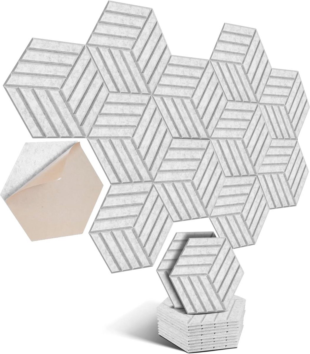 Akoestische Platen Zelfklevend 12 Stuks - Geluidsabsorberende Panelen voor Wand en Plafond - 30 x 26 x 0,9 cm, Zilvergrijs