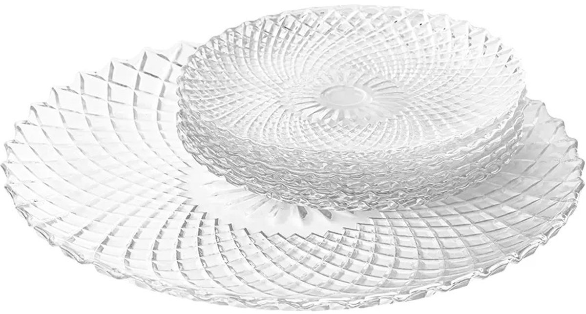T.R. Goods – 7-delige Glazen Taartset – 6 Dessertborden + Grote Taartschaal – Transparant Glas met Decoratie – Krasbestendig & Vaatwasserbestendig