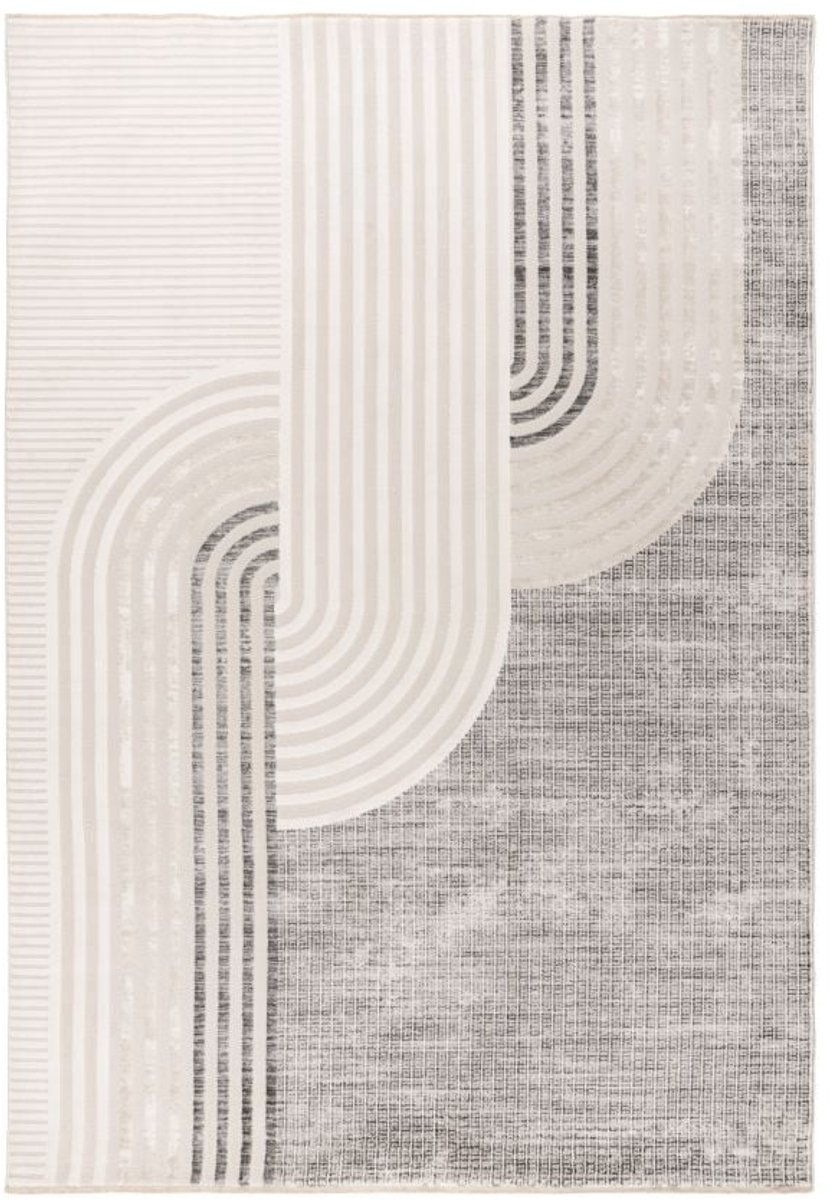 Muratap Vintage Japandi Vista Laagpolig Vloerkleed Crème/Zilver- 80x150 CM Grijs