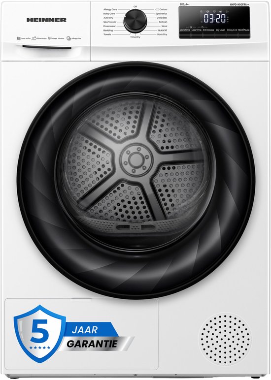 Sèche-linge à pompe à chaleur Heinner - 9 kg - Sèche-linge avec étiquette énergétique A++ - 15 programmes - Technologie AirFlow - Affichage LED - Garantie 5 ans - Wit