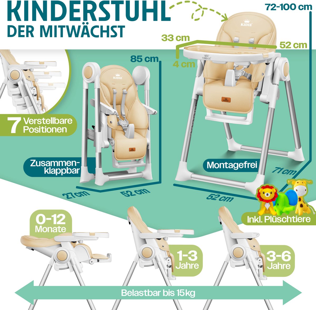 KIDIZ® 3in1 kinderstoel incl. speelbar, Eetstoel, Babystoel, combinatie kinderstoel, 7 in hoogte verstelbare rugleuning, meegroei van 0 maanden tot 6 jaar - Beige thumbnail 2
