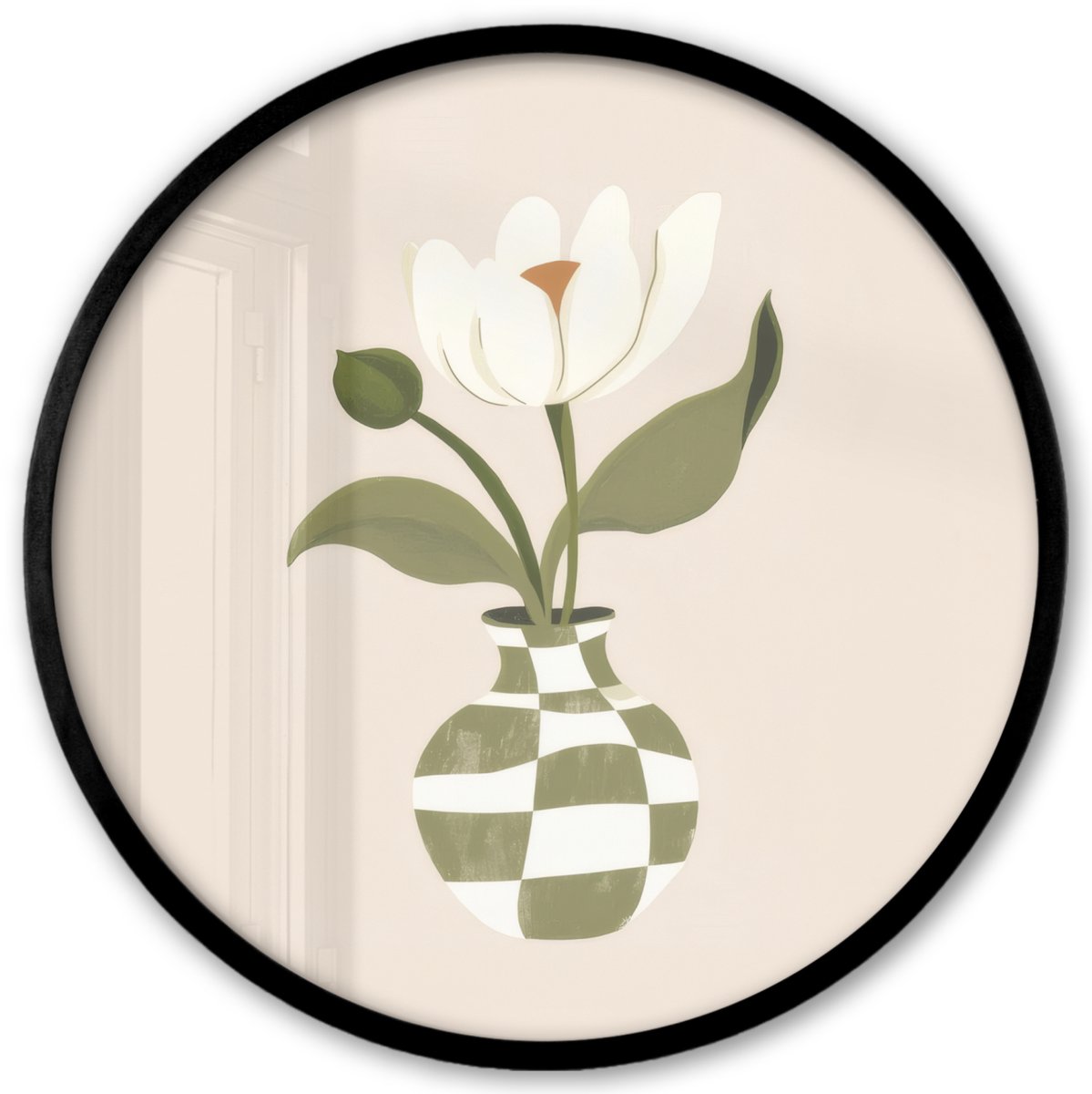 FrameYourWall Poster in lijst Rond - Fotolijst 40x40 cm - Posters - Vaas - Geruit - Bloem - Groen - Ronde posterlijst zwart - Decoratie - Wanddecoratie woonkamer - Muurdecoratie slaapkamer Vaas - Bloem