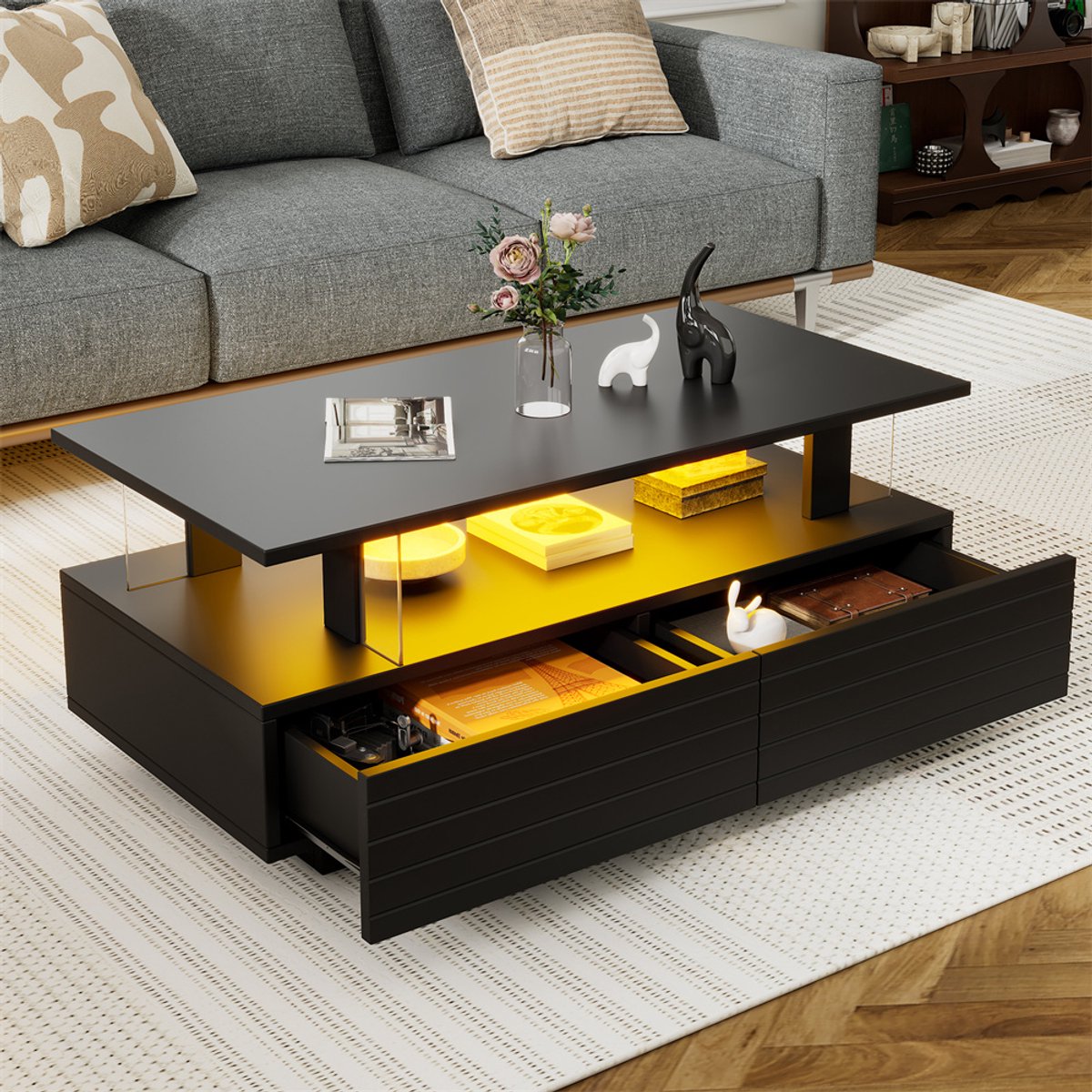 YEHTOKHOME Salontafel met LED via APP - 2 Lades en Open Schap - Zwart Acryl Bijzettafel - 100x50x42,5 cm