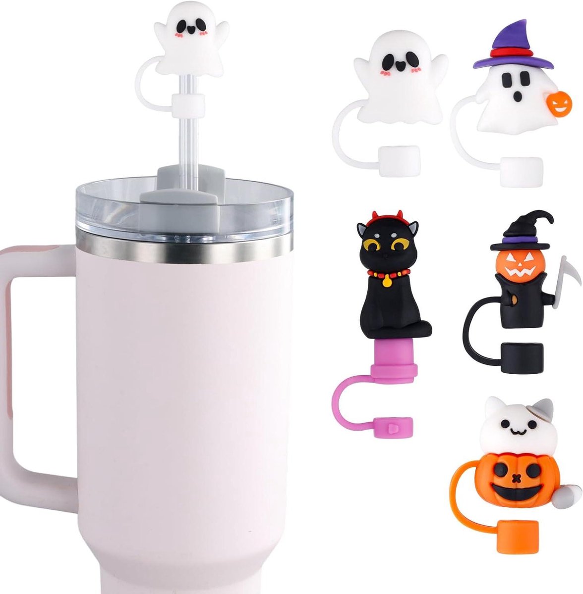 Provento - Halloween Stro Afdekkap Set van 5, 3D Schattige Siliconen Rietjes Toppers voor 10mm Rietjes, Spook en Pompoen Deksels met Rietjes voor Stanley Cup 30/40oz Tumbler
