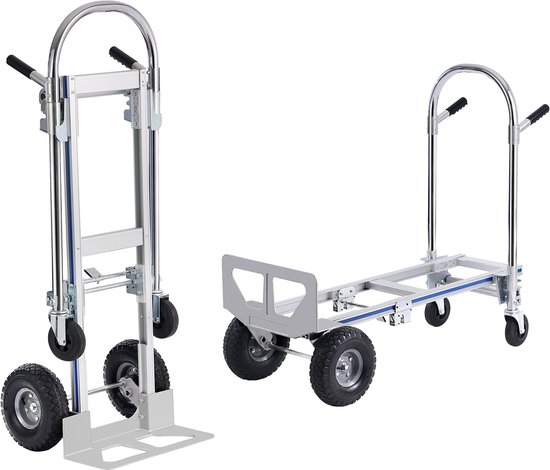 Aluminium steekwagen en omgebouwde platte kar met grote wielen, gepresenteerd naast elkaar.