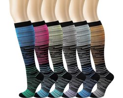 6 Paar - Compressie sokken - Compressie kousen - Gestreept patroon - Steunkousen Vrouwen en Mannen - Lange Sportkniekousen - Hardloopsokken - Antislip - Sportsokken - Compressiekousen voor Hardlopen - Voor Hardlopen, Wandelen, Vliegtuig - Maat 38-42