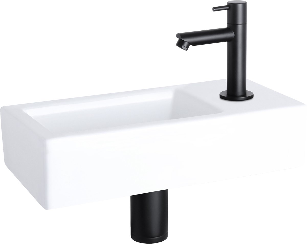 Differnz Helios fonteinset - keramiek wit - koudwaterkraan recht mat zwart - kraan rechts - always open afvoerplug - 37.5 x 18.5 x 9 cm