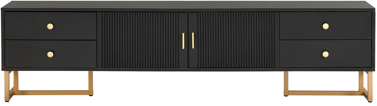 Luxe TV-Meubel 175 cm – Lowboard met 4 Laden & Deuren – Geschikt voor TV’s tot 75 inch – Modern Zwart TV-Dressoir met Gouden Metalen Poten – Kabelmanagement – Opbergruimte – Altameubel