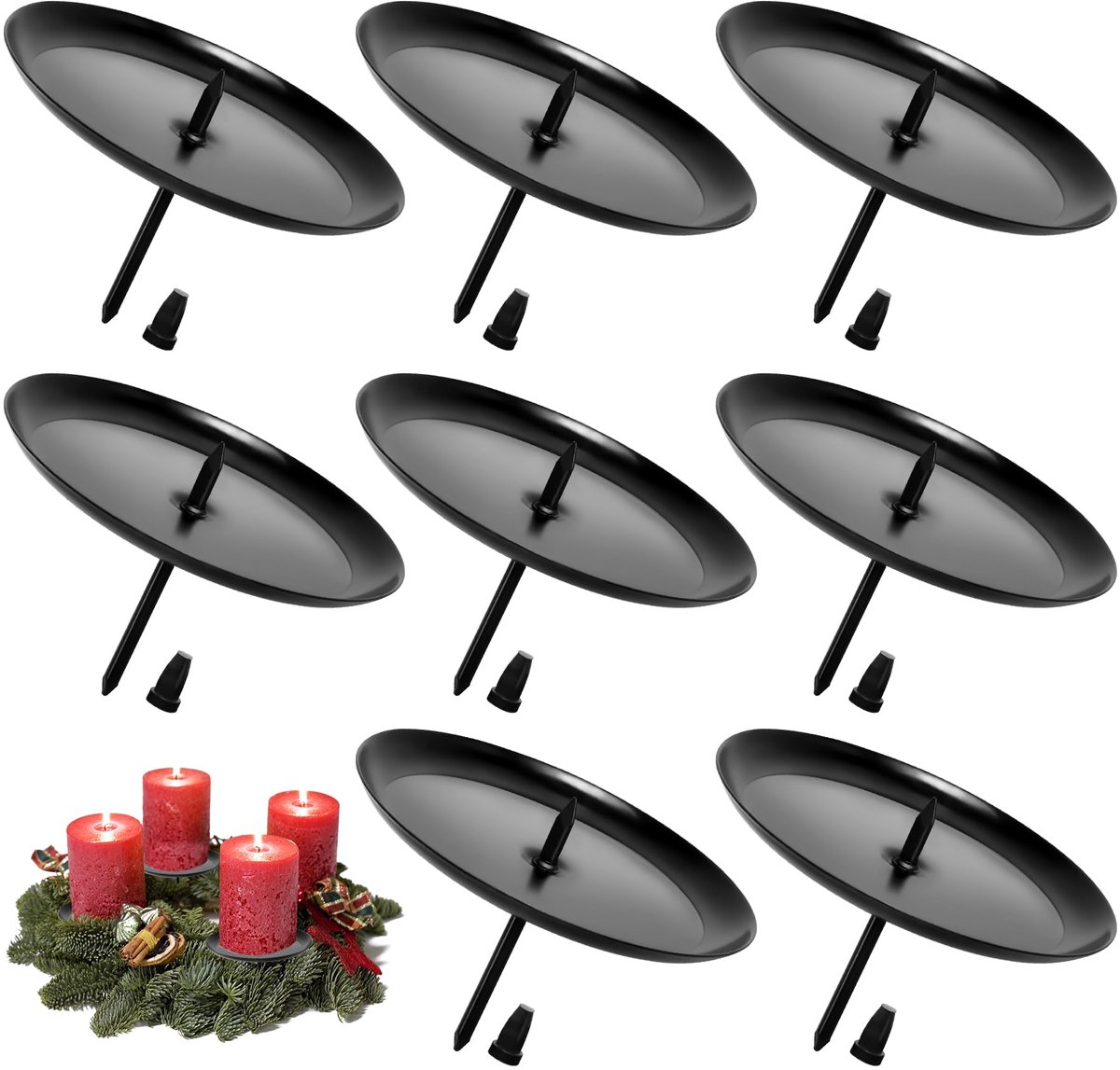 Unyqoos Set van 8 metalen kaarsenhouders voor adventskransen met veilige bevestiging zwart