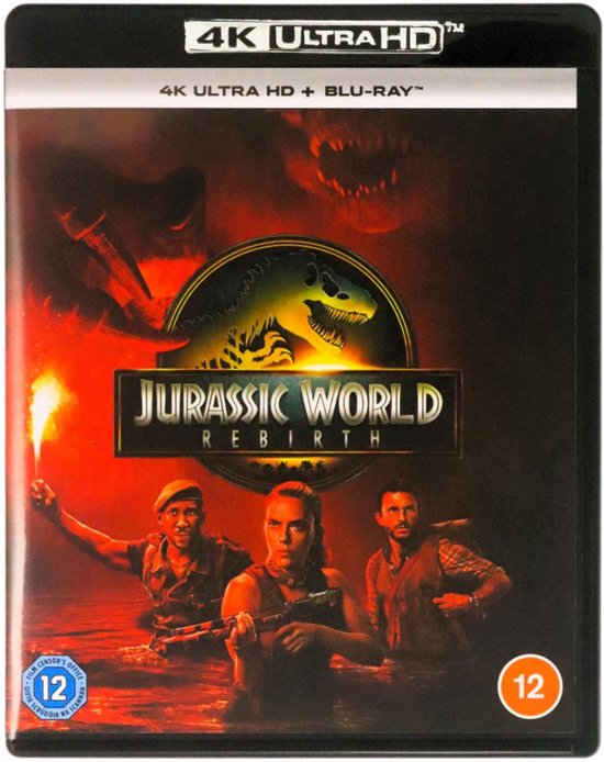 Blu-ray hoes met 4K Ultra HD, Jurassic World Rebirth logo, een dinosaurus, Scarlett Johansson, Mahershala Ali, Jonathan Bailey en een fakkel.