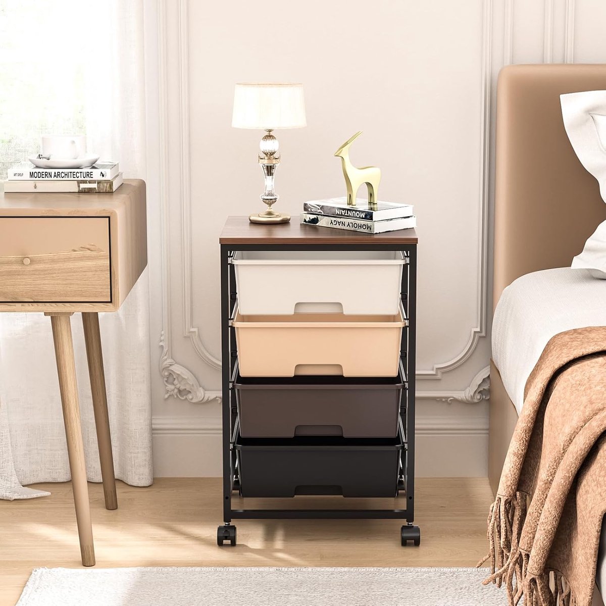 Multifunctionele 4-laden Opbergtrolley met Houten - Bruin - Houten Tafelblad – Universele Trolley - Medahomestore