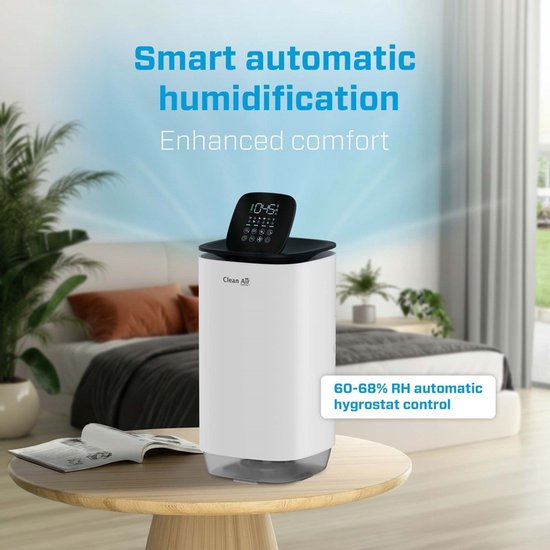 Witte luchtreiniger op een houten tafel in een slaapkamer, met de tekst 'Smart automatic humidification'.