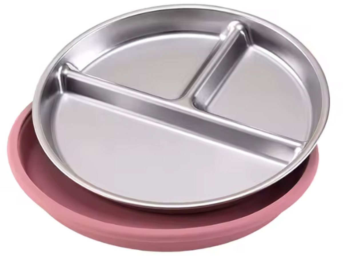 Dutchers.® RVS Bord met Zuignappen - Set van 2 Borden - RVS Bord Kind - Vaatwasser Bestendig - Kinderservies - Vakjesbord - RVS Kinderbord - Servies Voor Peuters - 100% BPA vrij - Bord Baby - Antislip - Kinderbord - Donkerroze & Blauw