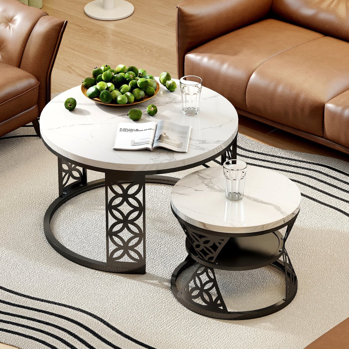 Wishdor Ronde Salontafel Set 2-delig (Ø70 & Ø45 cm) - In Elkaar Schuifbaar - Marmerlook - Zwart Metaal