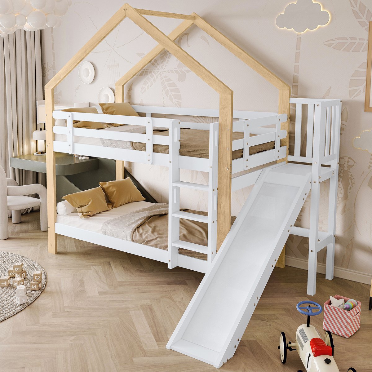 REDOM huis-hoogslaper 90x200 cm – Wit/naturel – Met glijbaan en hoekladder – Huisvormig ontwerp met vierzijdige veiligheidsrand – Driedelige hoekladder (antislip treden) – Massief dennenhout + MDF – 120 kg