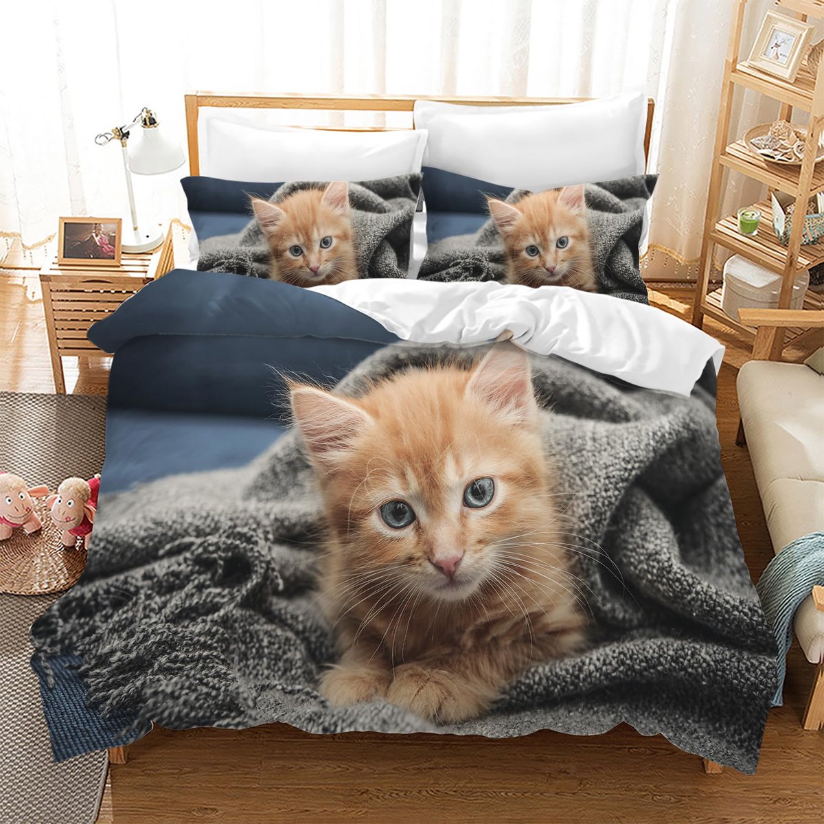 Ibenzoa Schattige kinderbeddengoedset met 3D-kattenmotief en microvezelstof Blauw