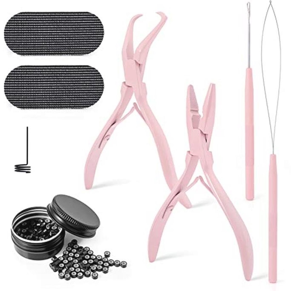 Haarverlengingsset met Microring Extensions en Tangen - 200 Zwarte Siliconen Ringen