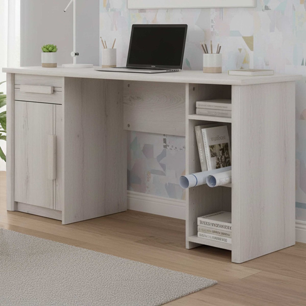 Bureau Morris 136cm Met 1 Deur, 1 Lade & 3 Vakken - Gebleekte Helvezia Eik - Gautier - Gami - Bureau - Beige - Spaanplaat