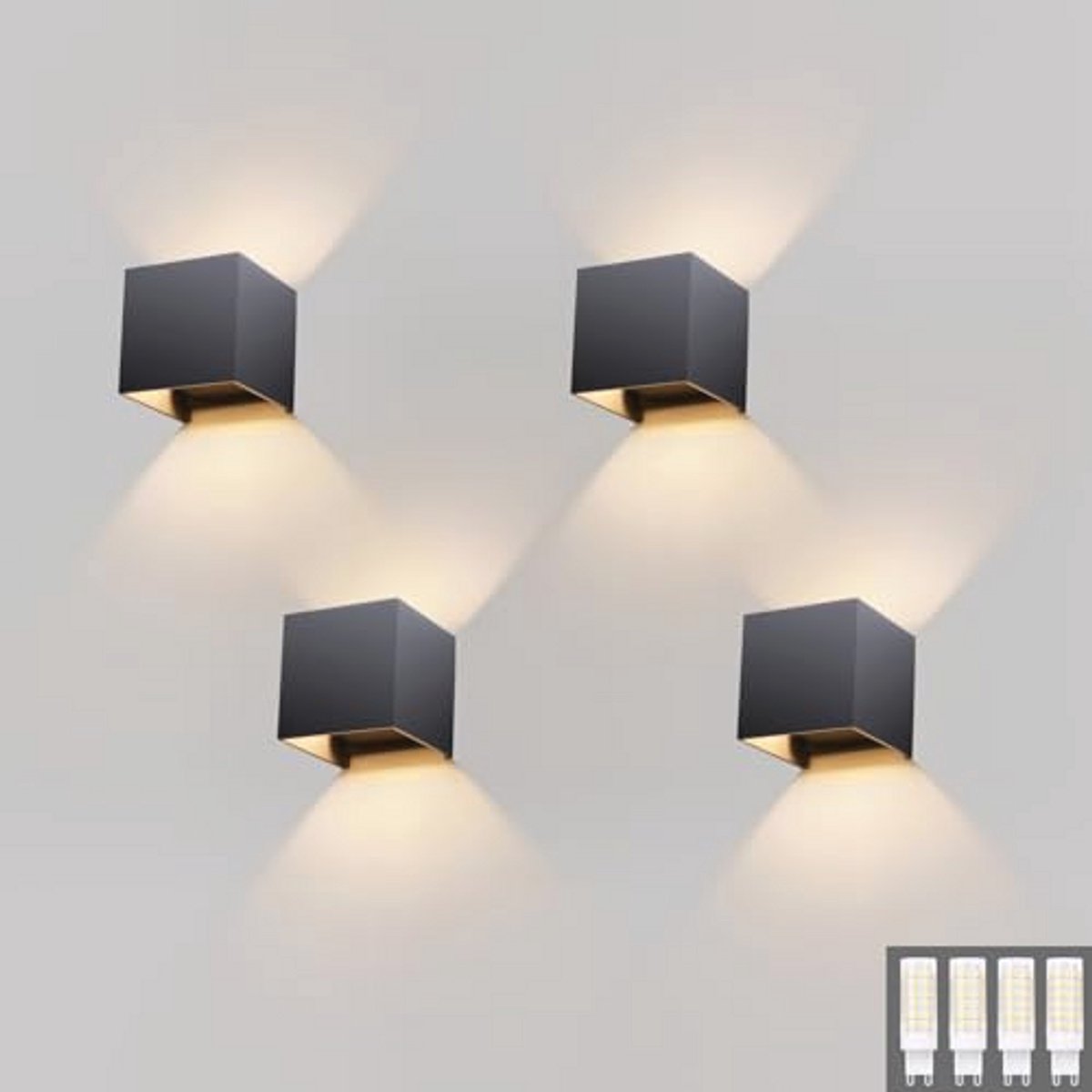 Moderne wandlampen set voor binnen en buiten, Up Down design, 9 W waterdicht IP54, vervangbare G9-lamp, warm wit licht, donkergrijs