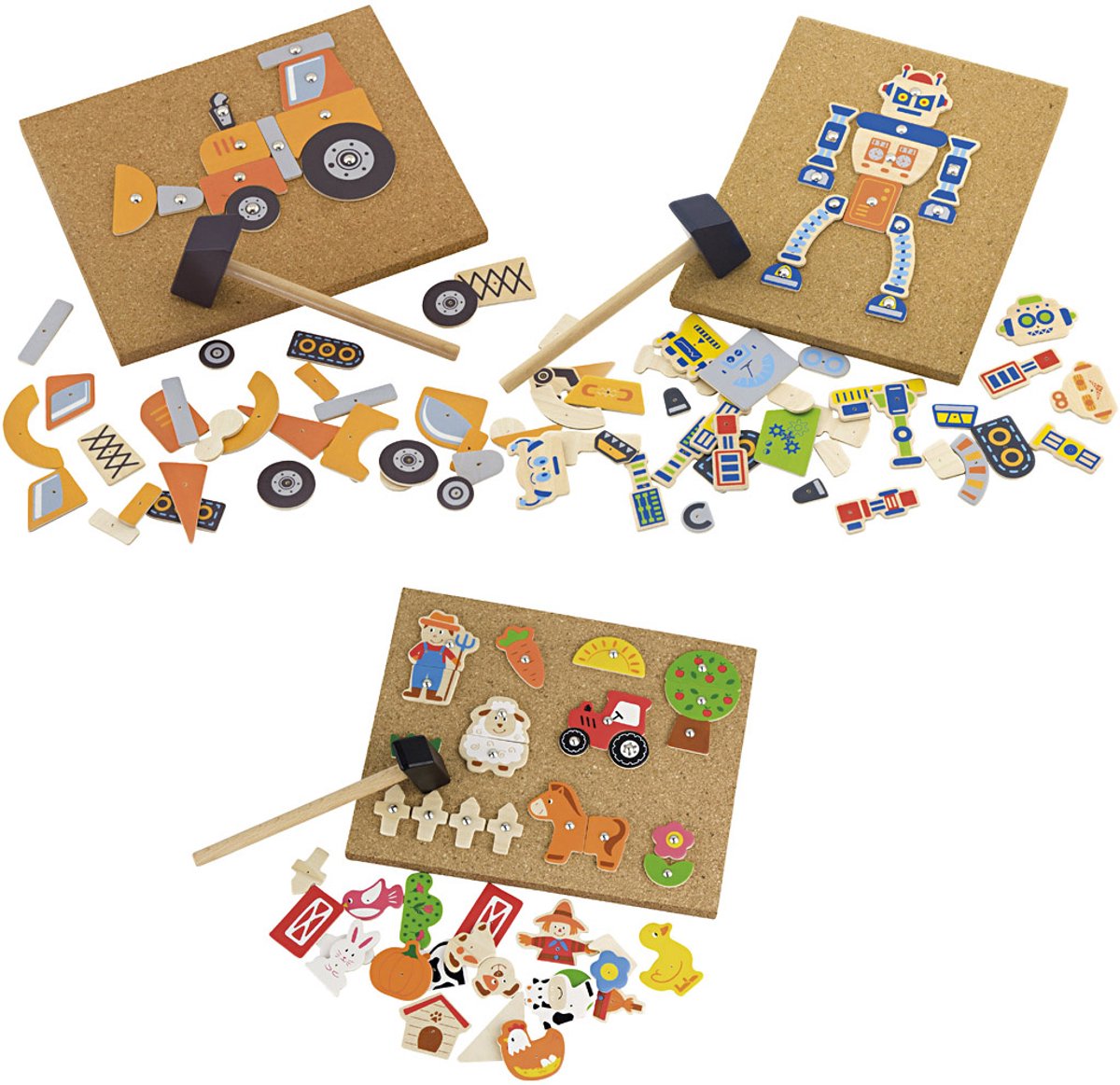 VIGA Hamer-Mozaïekset - Houten Speelset voor Creatieve Kinderen - 23x18 cm - 3 Sets in Doos - Educatief Spel voor Hand-oogcoördinatie