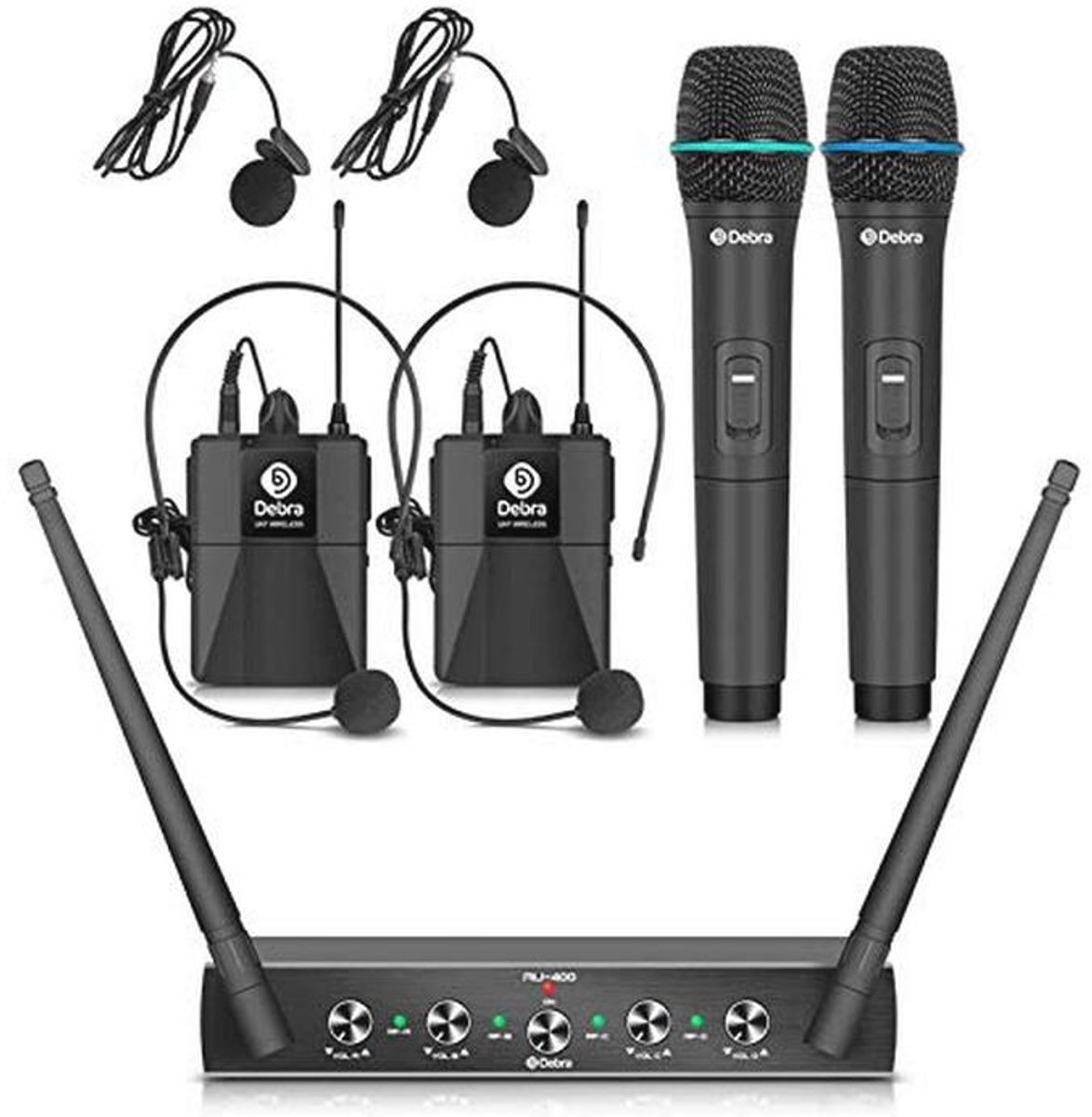 Draadloos 4-Kanaals Microfoonset met Handheld, Lavalier en Headset voor Karaoke en Kerk